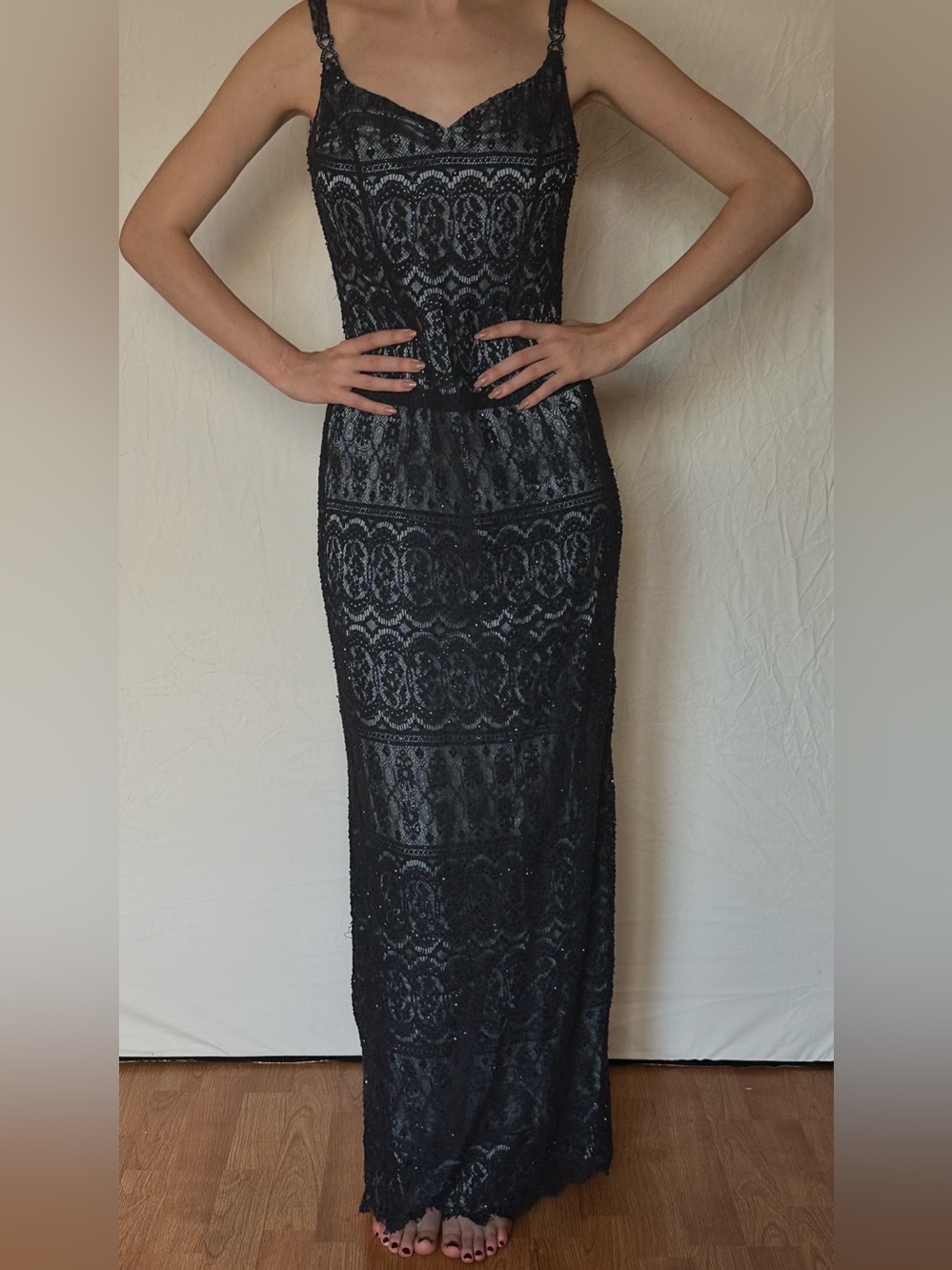 Lillie Rubin Black Lace Maxi Dress with Spaghetti Straps